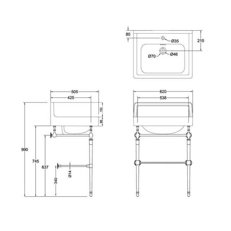 Раковина Burlington Contemporary B2 UP 1TH+T23A BNKL+T23A-S BNKL 62 см. с подстольем и полкой, цвет шлифованный никель схема Раковина Burlington Contemporary B2 UP 1TH+T23A BNKL+T23A-S BNKL 62 см. с подстольем и полкой, цвет шлифованный никель схема